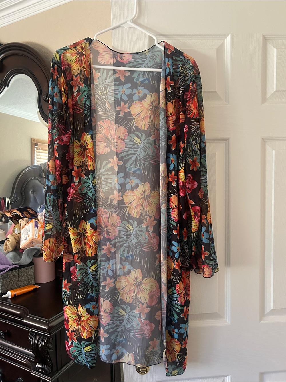 SHEIN Black Floral Mesh Swim Coverup with Yellow & Orange Hibiscus - Picture 3 of 3